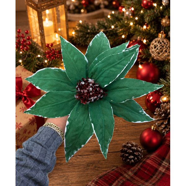 Flor Natalina Poinsetia Verde com Detalhes Branco
