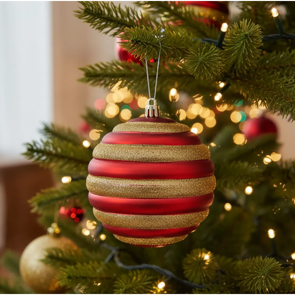 Jogo 3 Bolas de Natal Decorada Vermelho e Dourado 10cm 