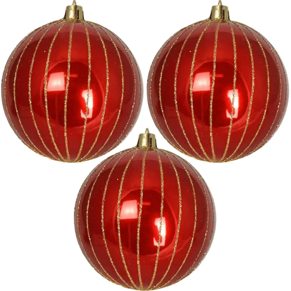 Jogo 3 Bolas Decoradas Vermelha Com Dourado Brilho 10 Cm