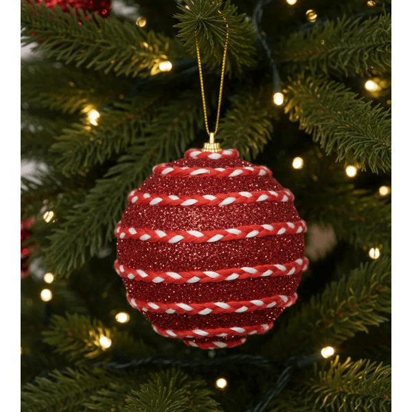 Jogo 2 Bolas de Natal Decorada Vermelho e Branco Brilho 12cm