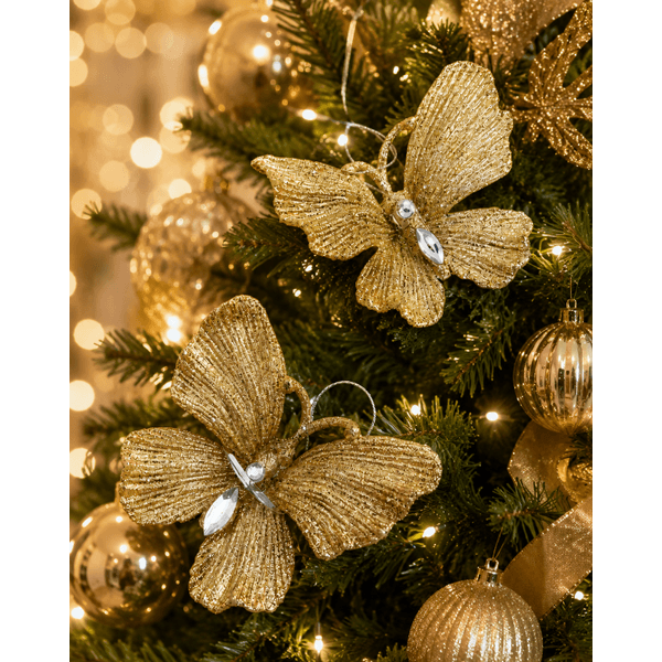 Enfeite Borboleta Natal Decoração Dourado 2 Unidades
