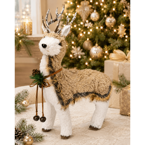 Rena Decorativa Natal Em Pé Sisal Bege E Branco 38cm Rustica