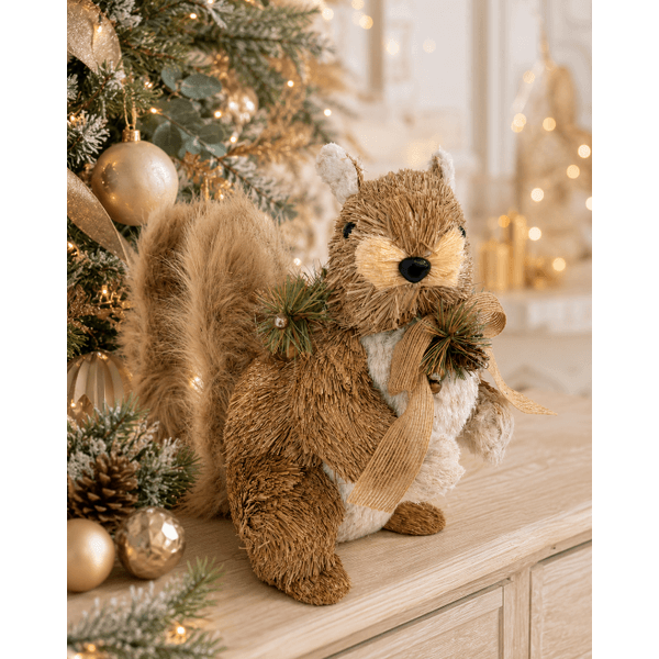 Esquilo Grande Natal Em Pé Palha Bege E Branco Brilho 32cm