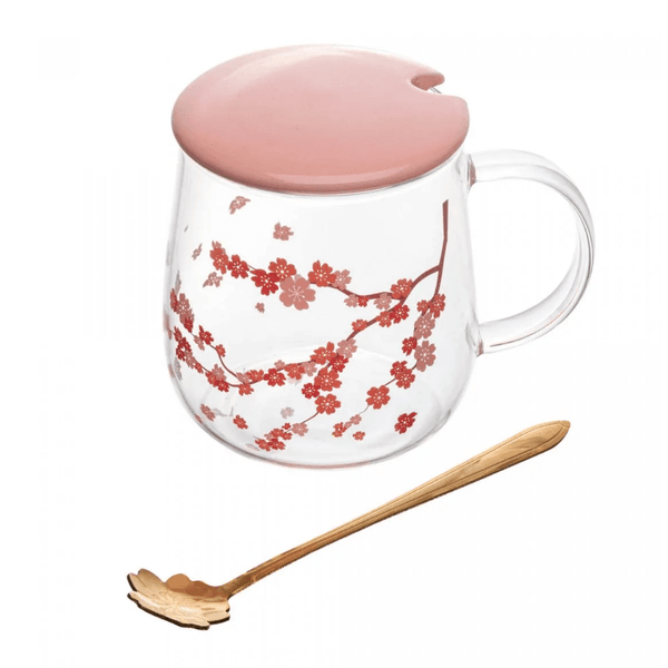 Caneca de Vidro Borossilicato com Tampa e Colher Sakura 500ml Wolff