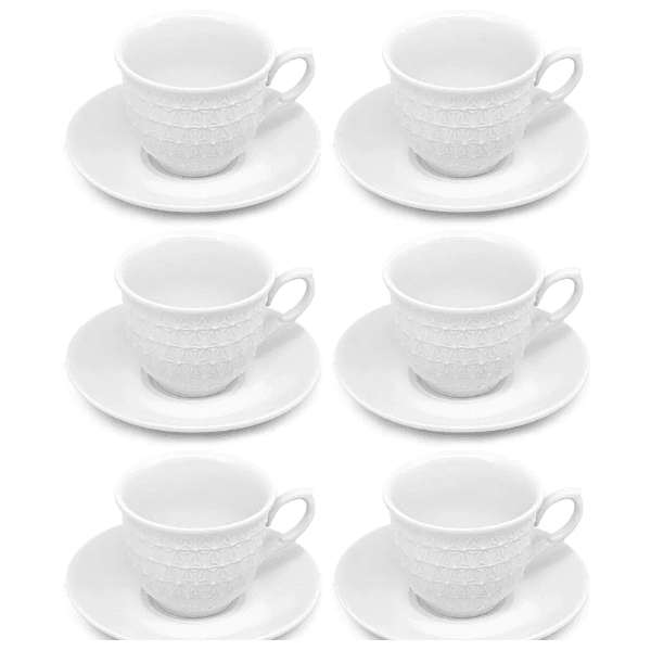 Jogo Xícaras Chá Com Pires Anne 150ml Porcelana Branca 6 Peças