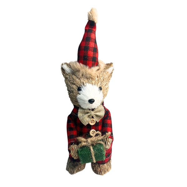 Urso Em Pé Palha Roupa Xadrez 34cm Decoração Natal