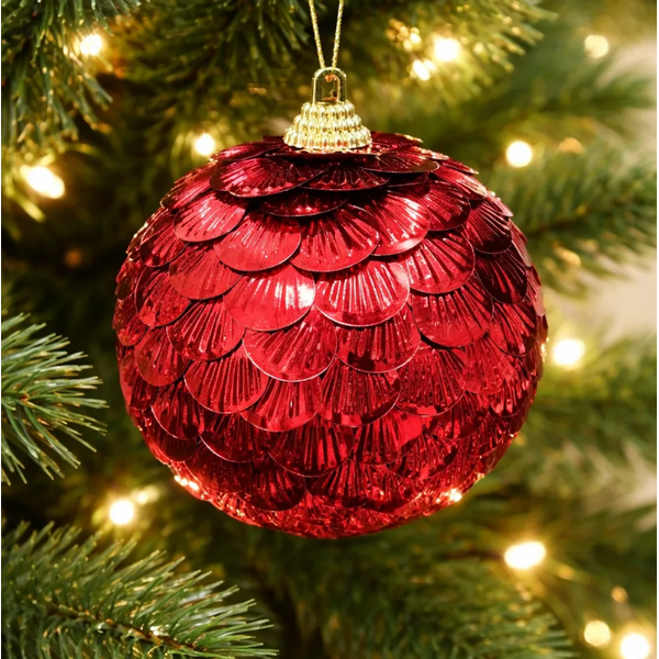 Jogo De 3 Bolas De Natal Escama Vermelho Brilho 10cm