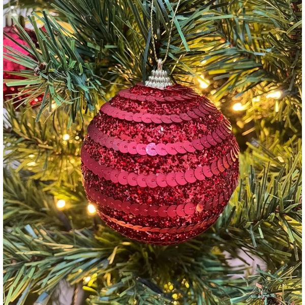 Jogo De 3 Bolas De Natal Vermelho Brilho Lantejoula 10cm