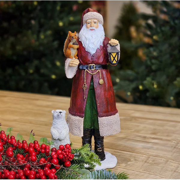 Papai Noel em Resina Vermelho com Urso e Esquilo 32cm