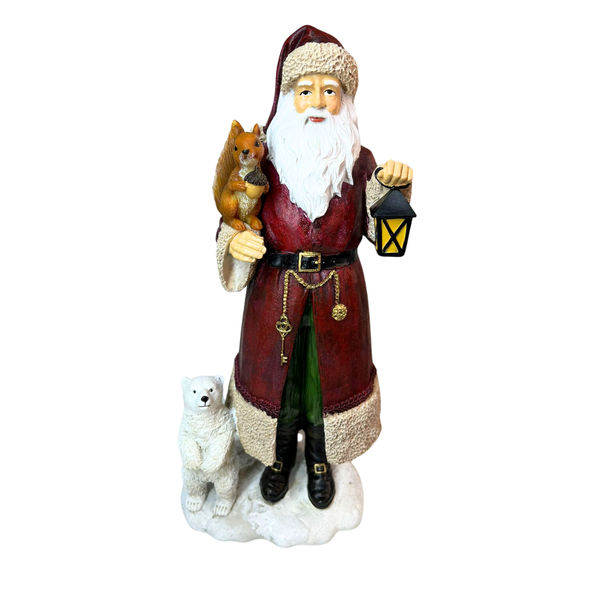 Papai Noel em Resina Vermelho com Urso e Esquilo 32cm