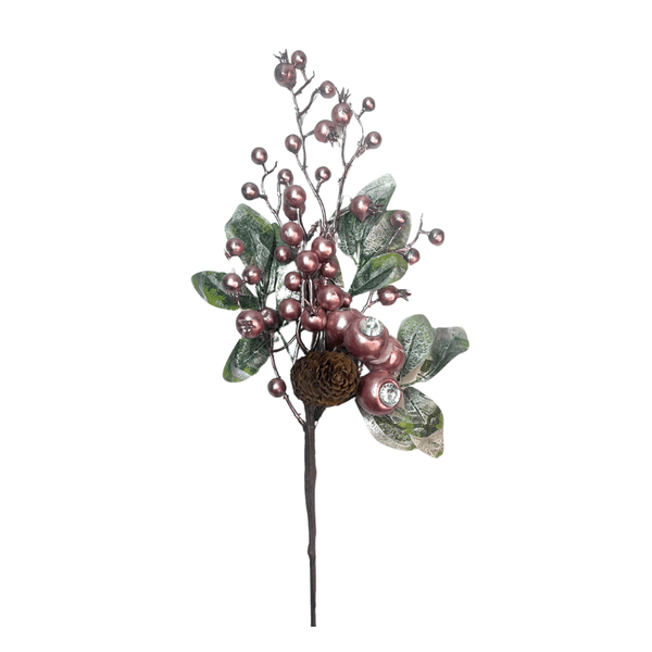 Galho Natal Berry Rosa Com Pinha Folha Verde