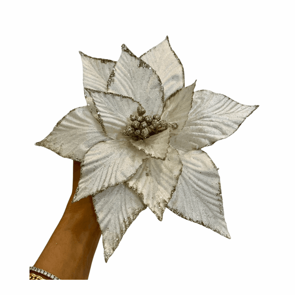 Flor Natalina Poinsetia Champagne com Brilho 22cm 
