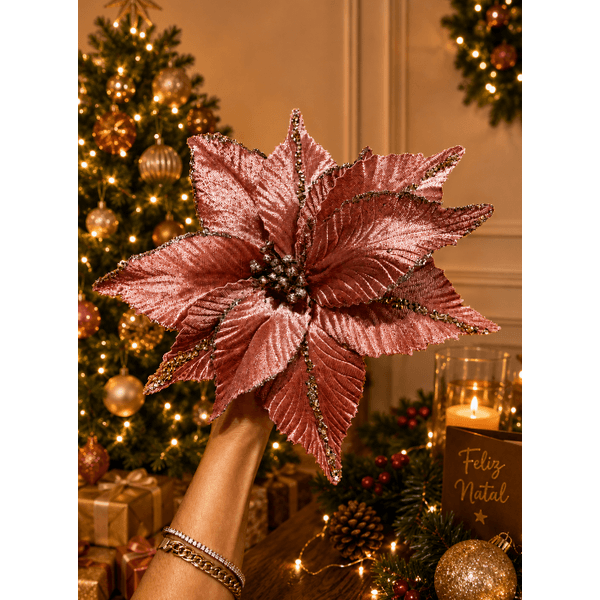 Flor Natalina Poinsetia 26cm Rosa Veludo Com Lantejoula