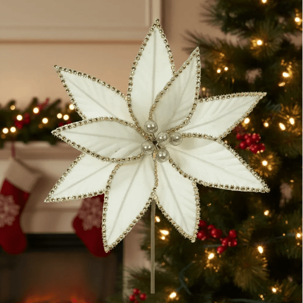 Flor Natalina Poinsetia Veludo Creme com Detalhes Strass