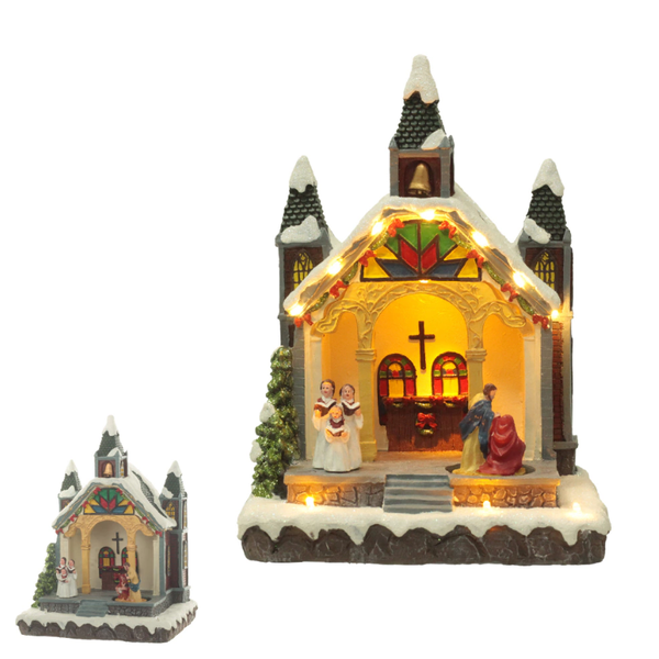 Vila Religiosa Natal Igreja Com Movimentos e Luz Colorido 26x18x17cm