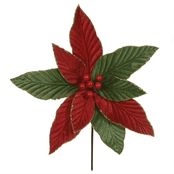 Flor Natalina Poinsetia Vermelha Veludo Com Verde Brilho Dourado