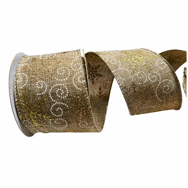 Fita Natalina Aramada 6,3cm Bege Dourado Branco 9,14m