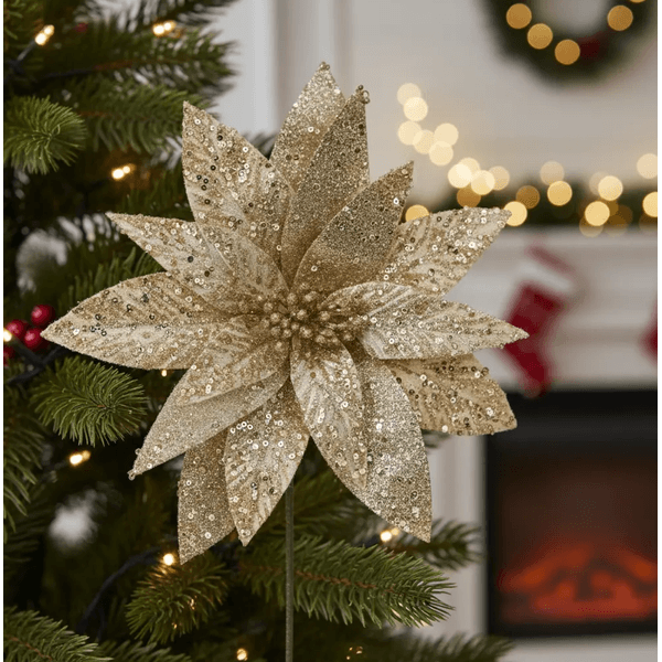 Flor Natalina Poinsetia Champagne Luxo Brilho Natal