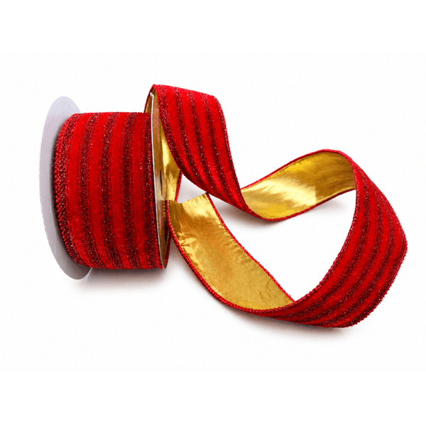 Fita Natalina Aramada Dupla Face Veludo Vermelho e Dourado Glitter