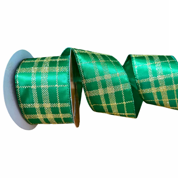 Fita Natalina Aramada 6,3cm Cetim Verde Com Dourado 9,14m