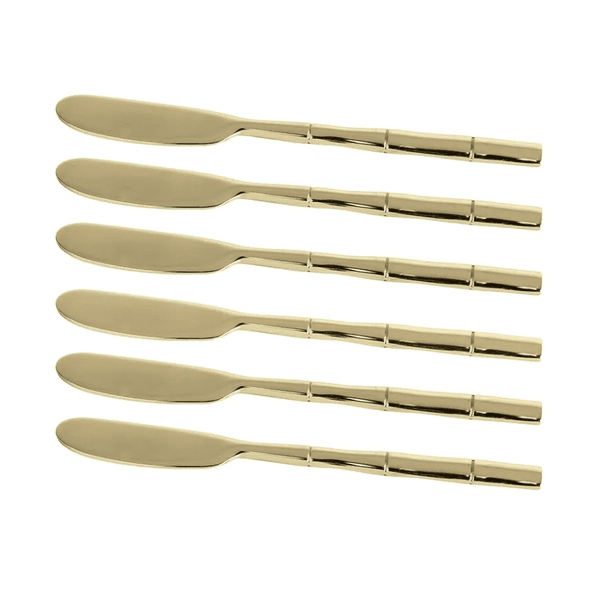Jogo 6 Espatulas Steel Wood Aco Inox Cabo Estilo Bambu Dourado