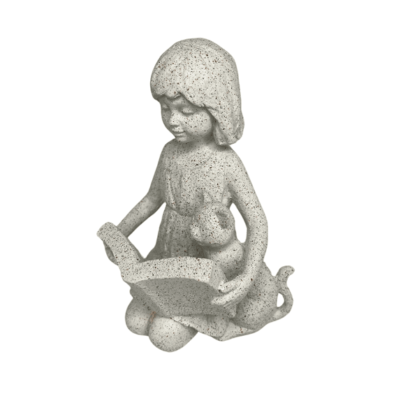 Escultura Decorativa Criança com Livro e Gatinho