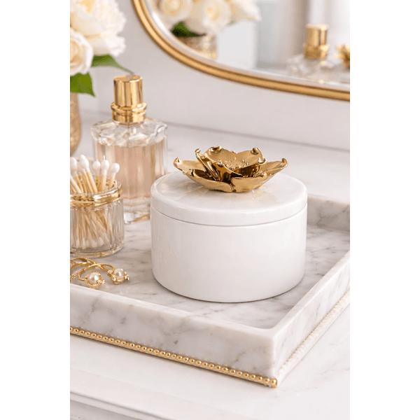 Caixa Decorativa Ceramica Flor Branco E Dourado 14cm