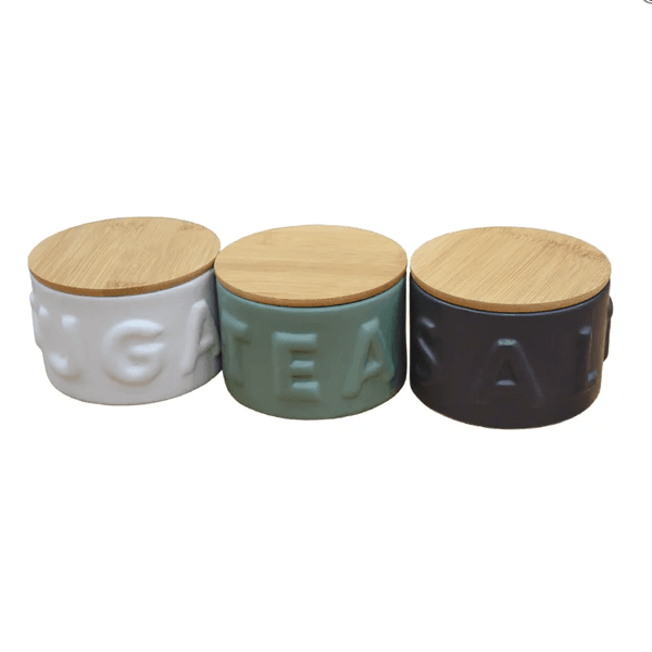 Jogo com Três Potes Sugar Coffe Tea em Cerâmica Colorido