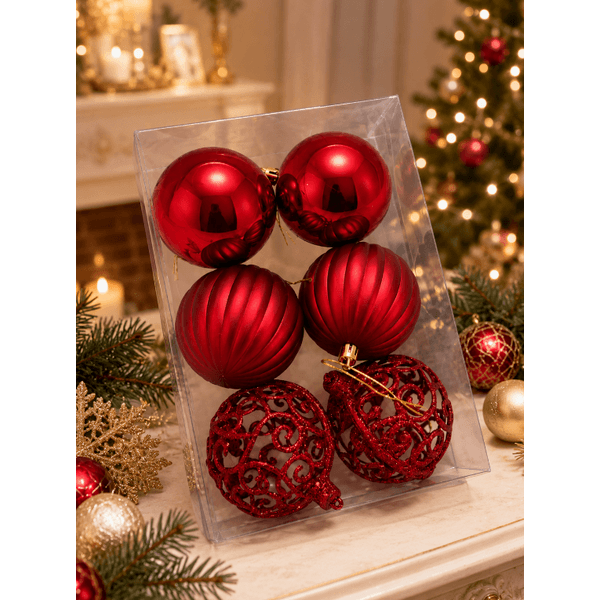 Jogo 6 Bolas De Natal Vermelho Com Brilho E Texturizada 8cm