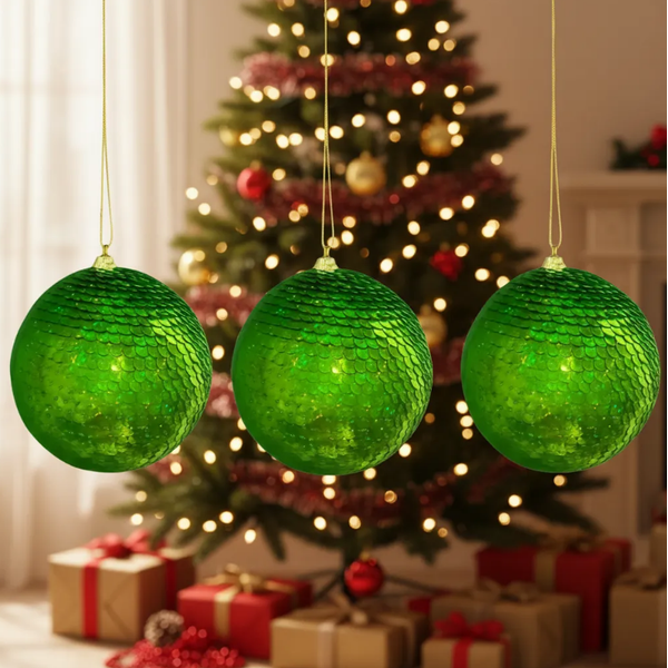 Jogo 3 Bolas De Natal Verde Lantejoula 10cm Decoração Árvore