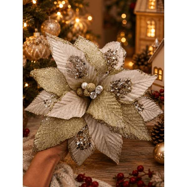 Flor Natalina Poinsetia Champagne Glitter Luxo Natal