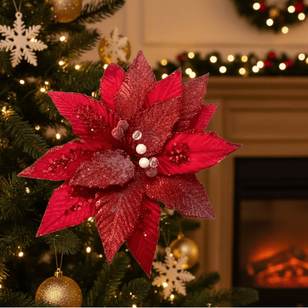 Flor De Natal Poinsetia Vermelha Veludo Glitter Luxo Natal Vermelho
