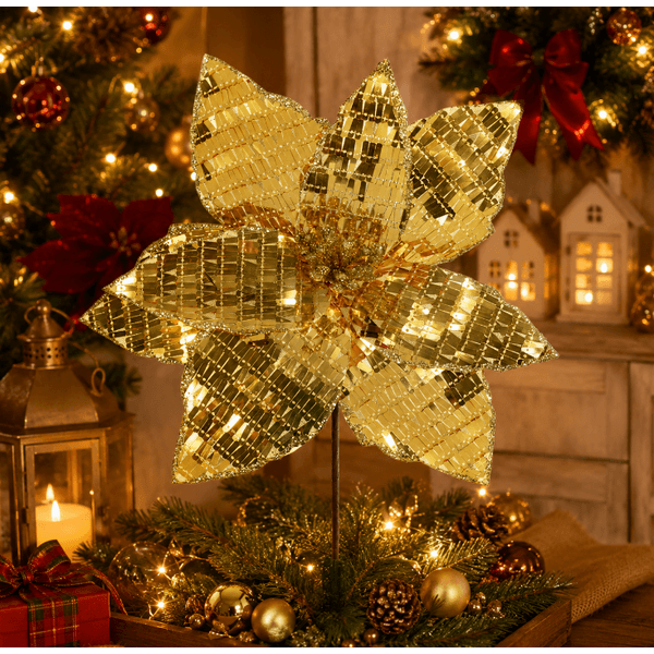 Flor De Natal Poinsetia Dourado Espelhado Luxo Natal
