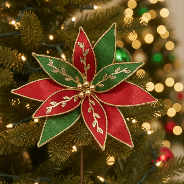 Flor De Natal Veludo Vermelho E Verde Folhas Luxo Natal