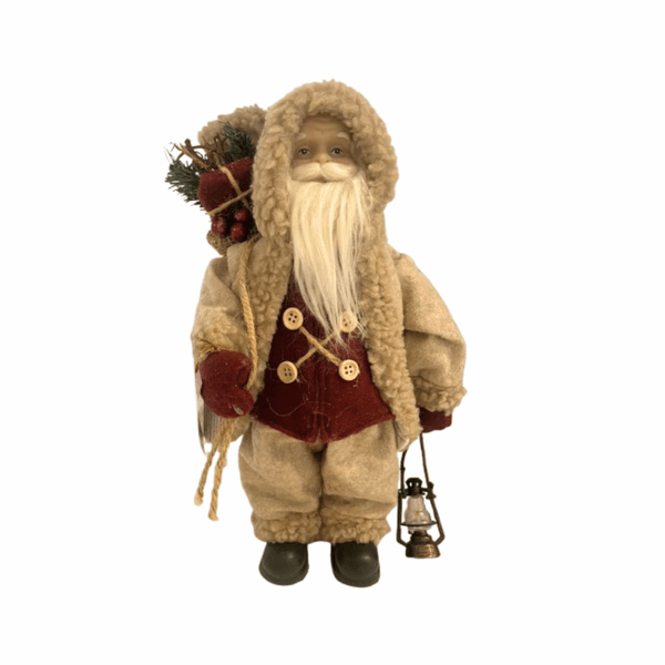 Papai Noel Em Pé Presente Lanterna Vinho E Bege 30cm Natal Bege