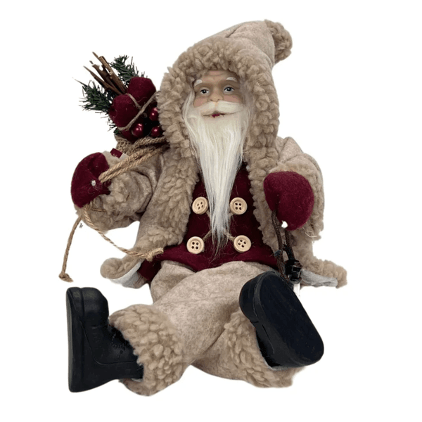 Papai Noel Sentado Presente Lanterna Vinho E Bege 30cm Natal