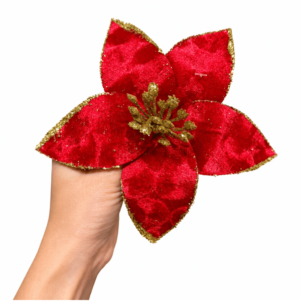 Flor Natalina Poinsetia Vermelha Com Brilho Dourado