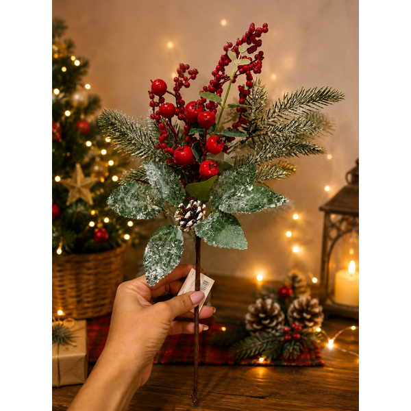 Galho Natalino Nevado Berry Pinha Enfeite Árvore De Natal