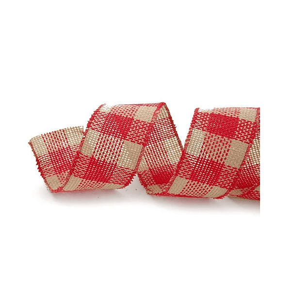 Fita Natalina Aramada 6,3cm Xadrez Vermelho E Bege 9,14m