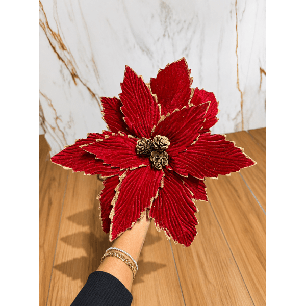 Flor Natalina Grande Veludo Vermelho Com Pinha Bege Rustica Natal