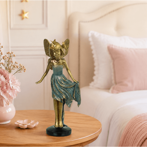 Escultura Decor Poliresina Menina Fada Azul Dourado 25cm