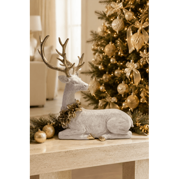 Rena Decorativa Sentada Resina Colar Dourado Led Luxo Natal