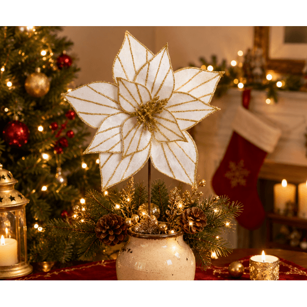 Flor Natalina Bico De Papagaio Veludo Branco Com Dourado