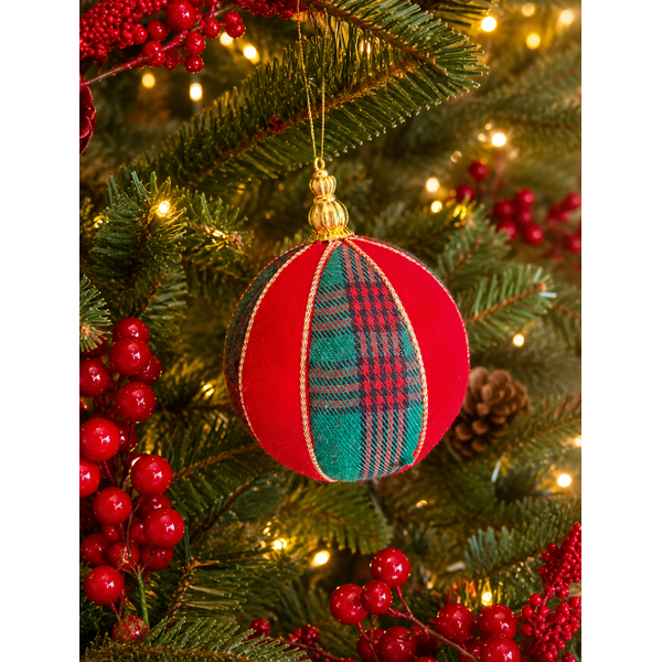 Jogo 4 Bolas Decoradas de Natal Vermelho Xadrez Verde 10cm Cromus