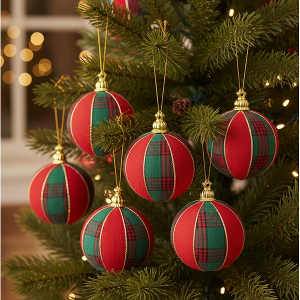 Jogo 6 Bolas Decoradas De Natal Vermelho Xadrez Verde 8cm