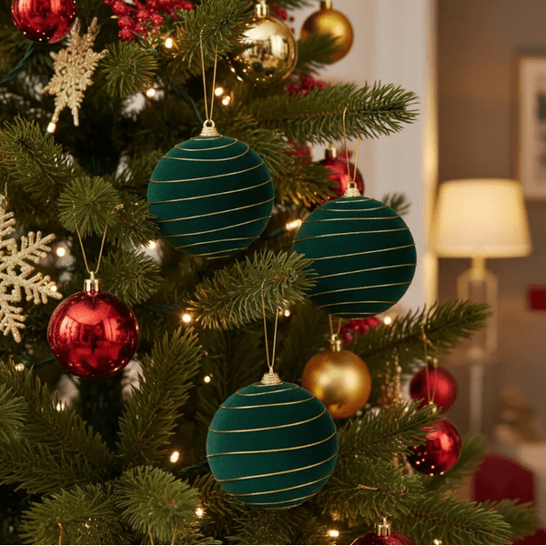 Jogo 3 Bolas De Natal Veludo Verde E Dourado 10cm
