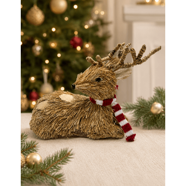 Rena Enfeite Natal Palha Sentada Com Cachecol Listras 20cm