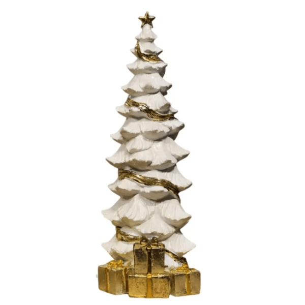 Árvore Branco Decorativa Resina Com Presentes Dourados 40cm