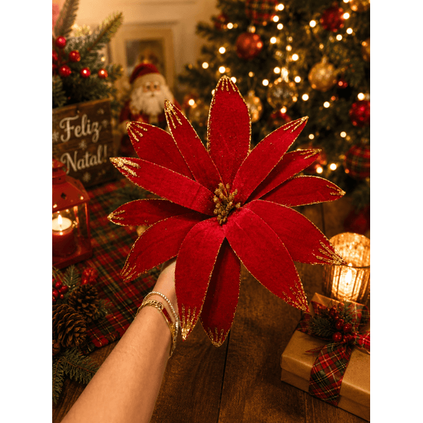 Flor De Natal Grande Veludo Vermelho Com Brilho Dourado