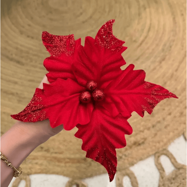 Flor Natalina Bico de Papagaio Veludo Vermelho 20cm Natal